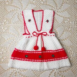 Vintage 1960s Baby Girl 18-24 Months Red Crochet Knit Dainty Pinafore Dress